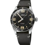 Sleek ORIS watch with black dial, waterproof design, and black leather strap for stylish functionality.