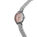 Shinola womens wristwatch with polished stainless steel and pastel pink dial, showcasing American craftsmanship.