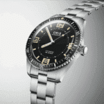 Oris stainless steel diving watch with black dial, luminous markers, and robust design.