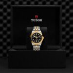 Tudor luxury watch with black dial and two-tone bracelet displayed in elegant box.