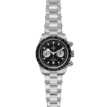 Tudor chronograph watch featuring a stainless steel case, black dial, and sporty design.
