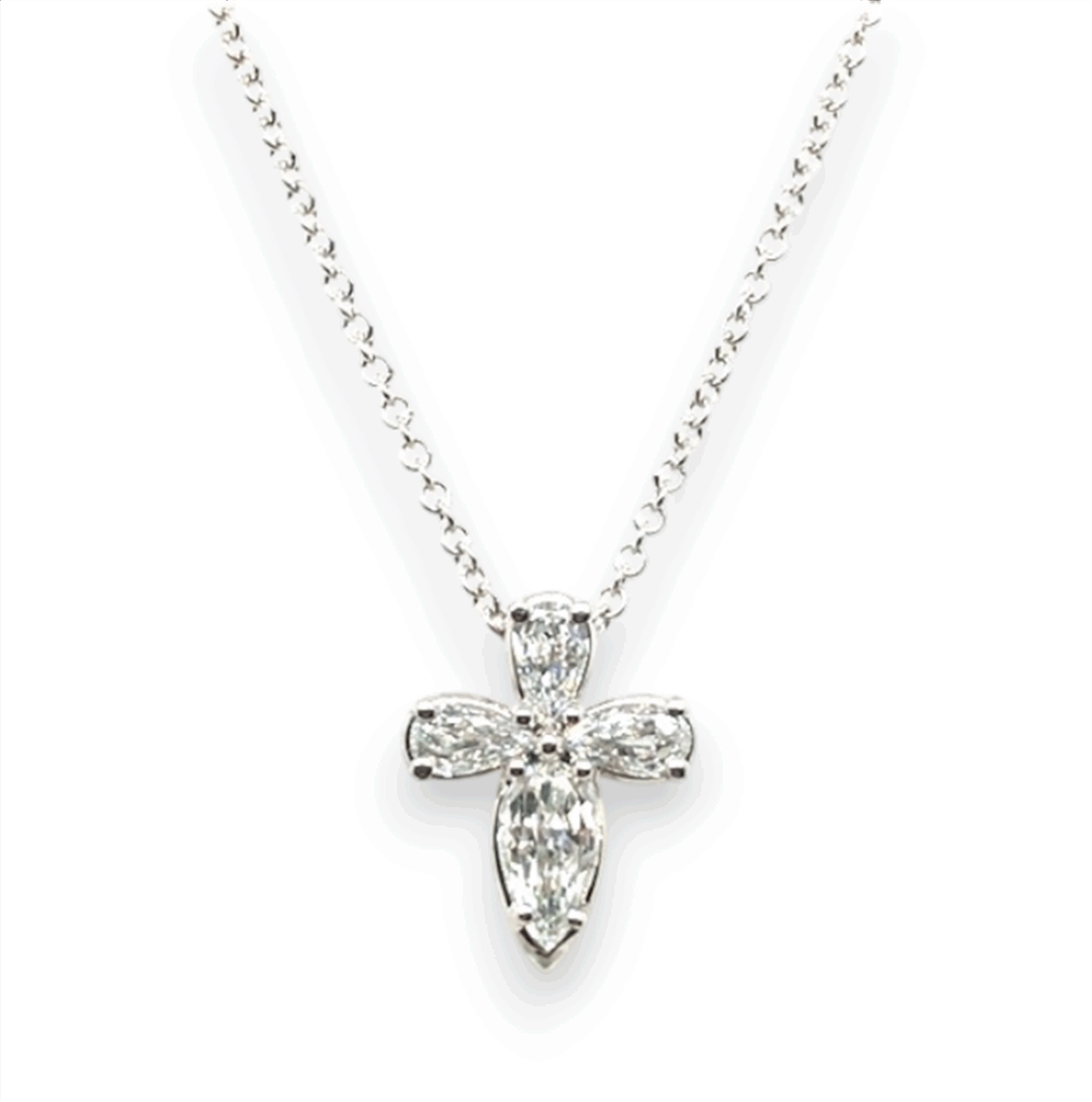 Elegant silver chain necklace with a stunning cross pendant and shimmering marquise stones.