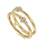 Elegant yellow gold double-band ring with sparkling diamond clusters, perfect for any occasion.