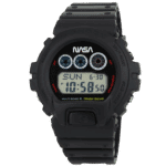 Black G-SHOCK digital watch with NASA branding, rugged design, and multifunctional features for active lifestyles.