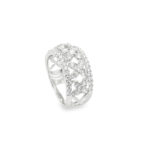 Elegant silver ring with intricate lattice design and sparkling gemstones for a sophisticated look.