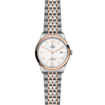 Luxurious Tudor watch featuring stainless steel and rose gold design with a white textured dial.