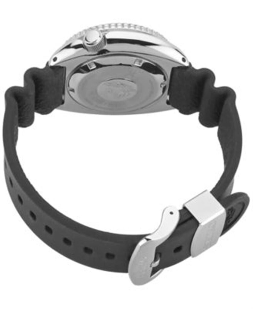 Close-up of a stylish stainless steel wristwatch with a black rubber strap.