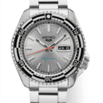 Elegant Seiko automatic watch with stainless steel case, sporty design, and date display feature.