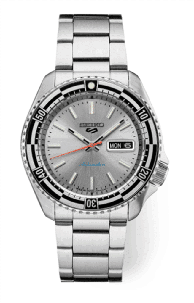 Elegant Seiko automatic watch with stainless steel case, sporty design, and date display feature.