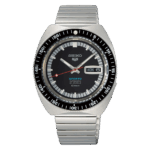 Classic Seiko sports watch with stainless steel case, black dial, and luminescent markers.