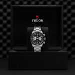 Tudor chronograph watch in elegant presentation box, showcasing luxury watchmaking and sophisticated design.