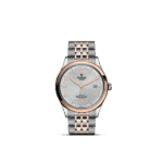 Elegant Tudor watch in stainless steel and rose gold with a textured silver dial.
