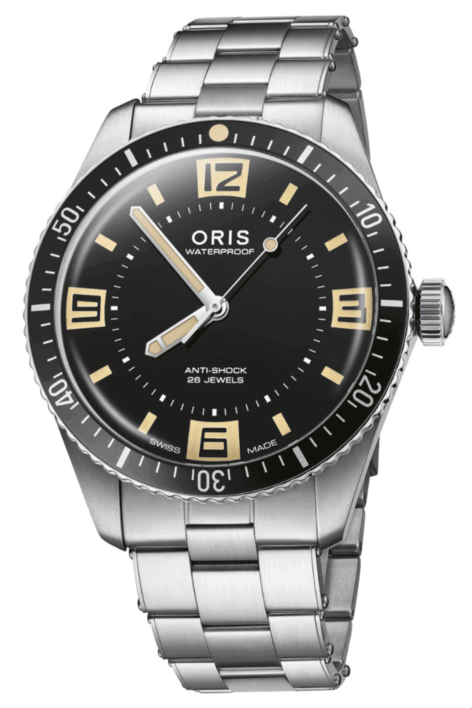 Modern stainless steel dive watch with a black dial, luminous markers, and unidirectional bezel.