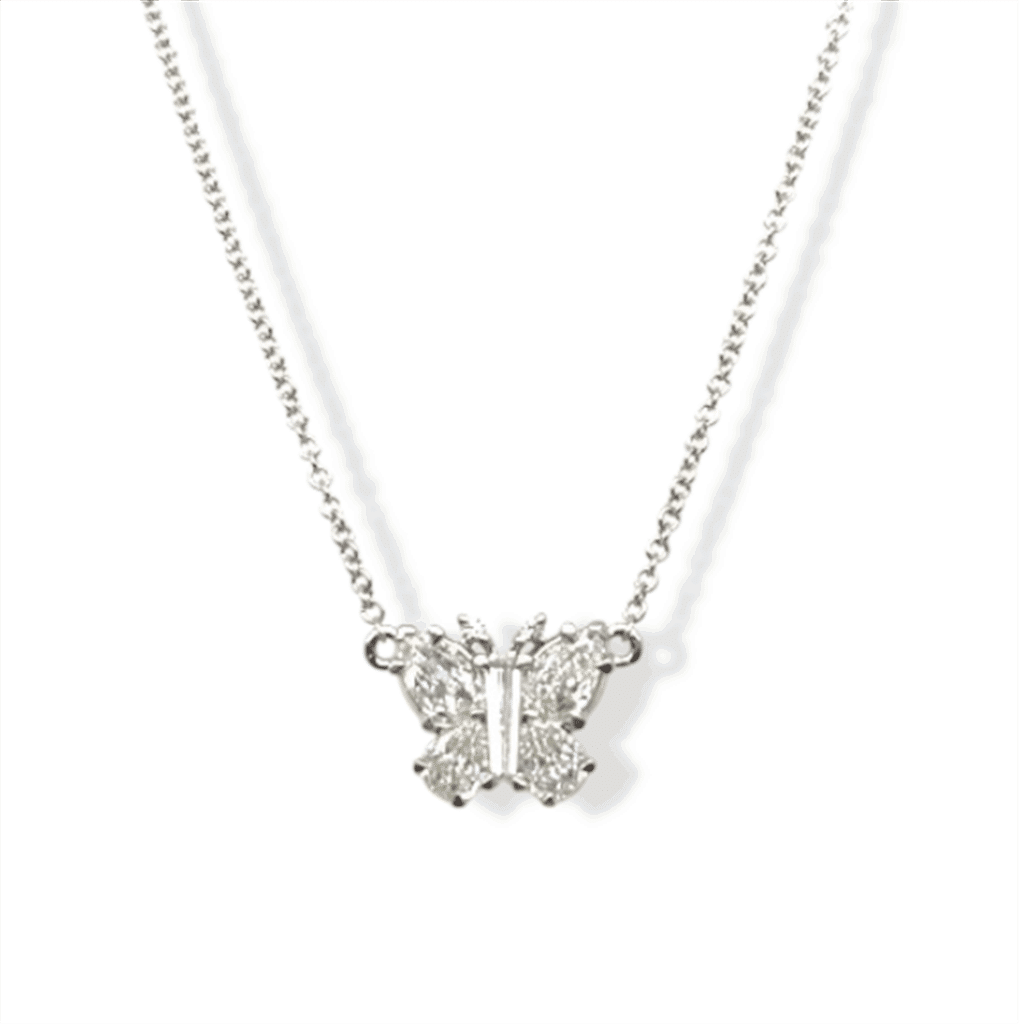 Elegant butterfly pendant necklace with shimmering stones on a delicate silver chain.