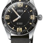 Stylish Oris wristwatch with a sleek black dial, luminous markers, and genuine leather strap.