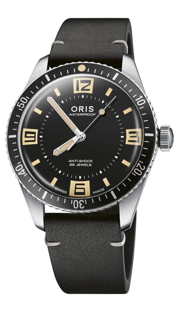 Stylish Oris wristwatch with a sleek black dial, luminous markers, and genuine leather strap.
