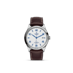 Elegant Tudor wristwatch with stainless steel case, brown leather strap, and white dial.