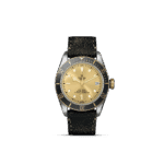 Luxurious Tudor watch with gold dial, stainless steel case, and rugged leather strap for elegance.