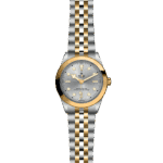 Elegant Tudor watch in stainless steel with gold bezel, featuring a silver dial and luminous markers.