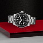 Elegant mechanical watch with black dial, stainless steel case, and luxurious design on red platform.
