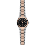 Elegant Tudor watch in stainless steel and rose gold with a black dial and date feature.