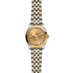 Elegant gold and stainless steel wristwatch with diamond accents and chronometer certification.