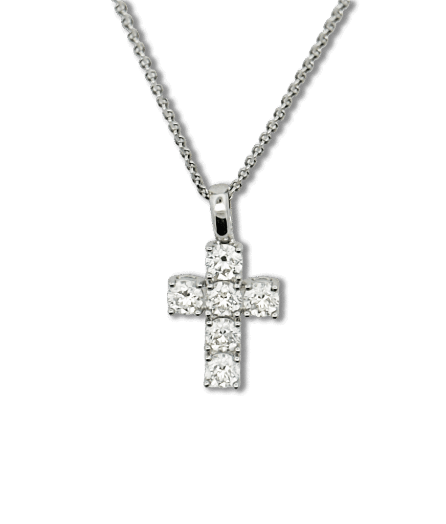 Elegant silver cross pendant with gemstones, symbolizing faith and style on a fine chain.