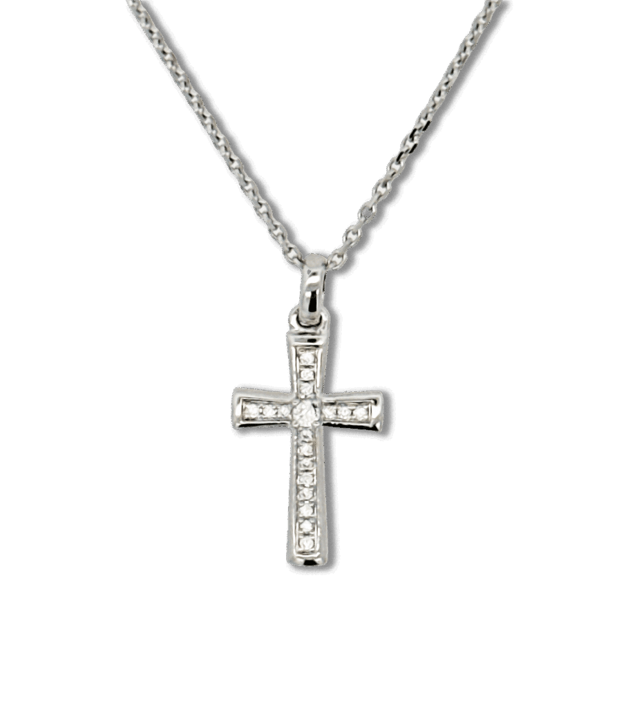 Elegant silver cross necklace with sparkling stones, perfect for faith and stylish everyday wear.