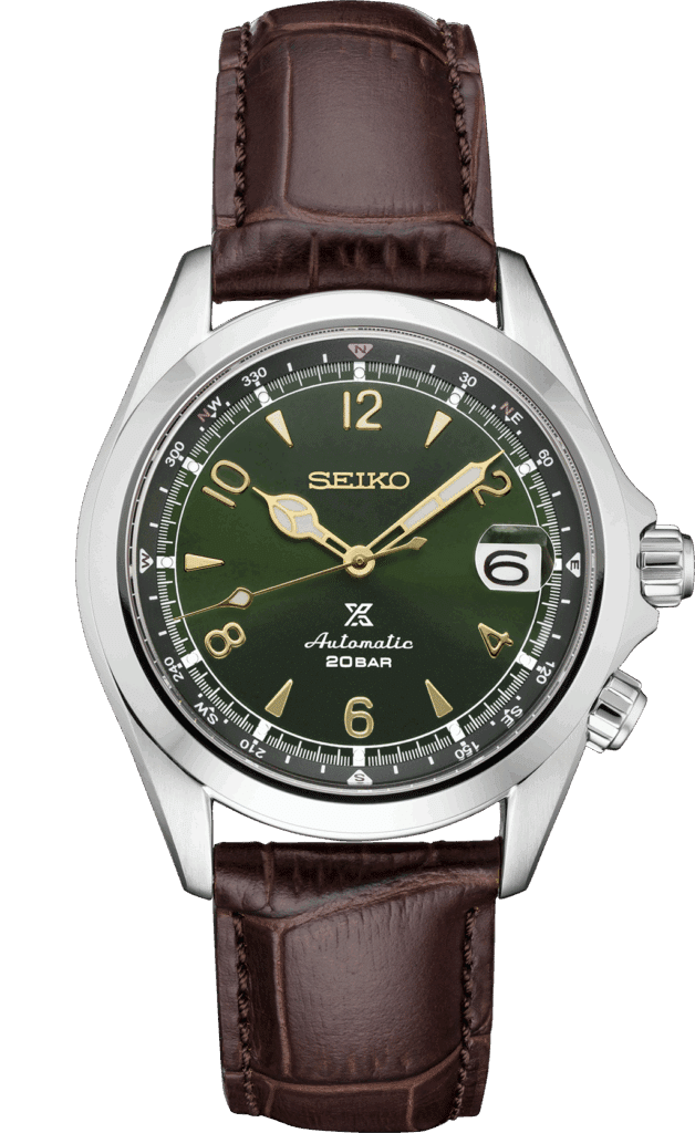 Green dial Seiko automatic watch with stainless steel case and brown leather strap.