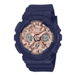 Stylish Casio G-Shock watch with navy strap and rose gold-tone face for durability and elegance.