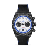 Sleek Tudor chronograph watch with matte black case, white dial, and vibrant blue accents.