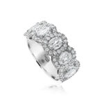 Exquisite white metal ring featuring oval-cut gemstones and brilliant diamonds, perfect for any occasion.