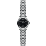 Elegant Tudor wristwatch with polished stainless steel, black dial, and intricate woven bracelet.