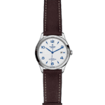 Tudor stainless steel watch with white dial and brown leather strap, blending elegance and functionality.