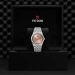 Elegant Tudor watch in luxurious presentation box, showcasing exquisite craftsmanship and timeless design.