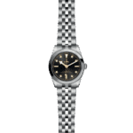 Tudor Swiss wristwatch with stainless steel case, black dial, and gold accents for luxury style.