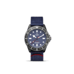 Tudor dive watch with navy dial, stainless steel case, and vibrant red accents.