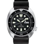 Classic Seiko divers watch with stainless steel case, black dial, and rubber strap for ultimate durability.
