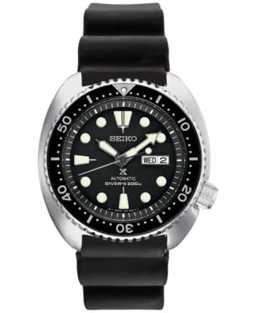 Classic Seiko divers watch with stainless steel case, black dial, and rubber strap for ultimate durability.
