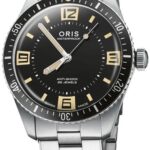 Oris stainless steel watch boasts a bold black dial and durable, waterproof design.
