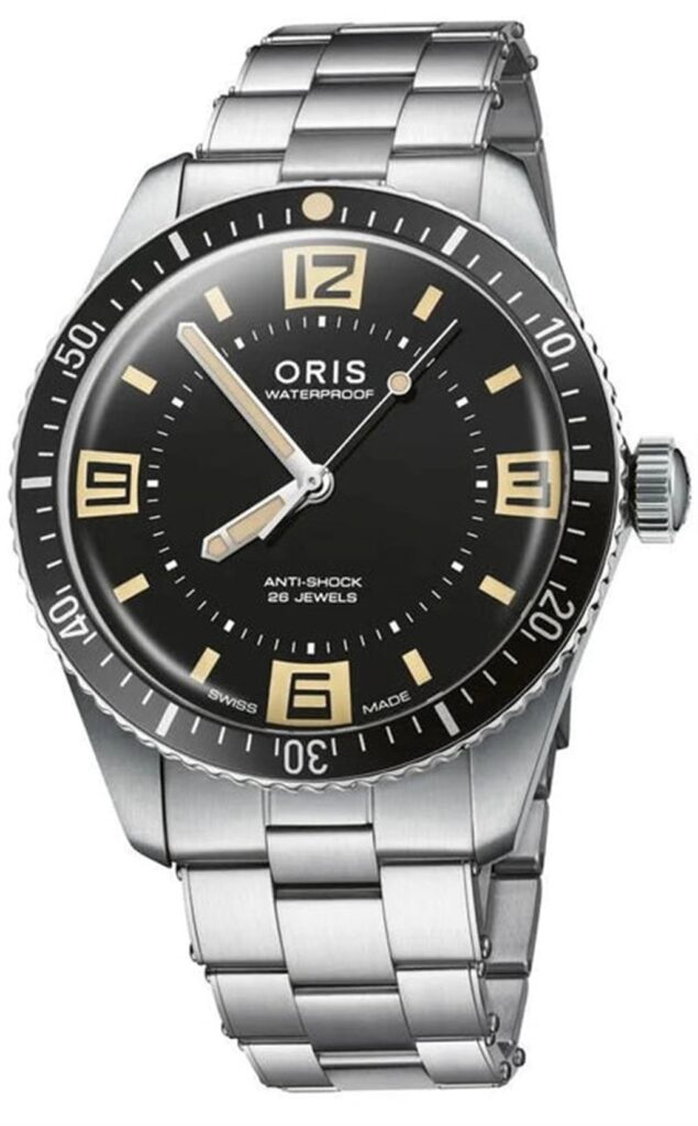 Oris stainless steel watch boasts a bold black dial and durable, waterproof design.