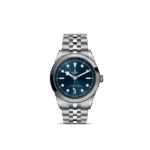 Elegant Tudor watch with blue dial, stainless steel case, automatic movement, and luxurious bracelet.