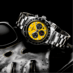 Stylish Seiko watch, black sunglasses, and leather glove on a sleek black background.