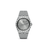 Elegant Tudor stainless steel watch with a sunburst grey dial and diamond hour markers.