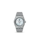 Elegant Tudor watch with mother-of-pearl dial, diamond markers, and polished stainless steel bracelet.