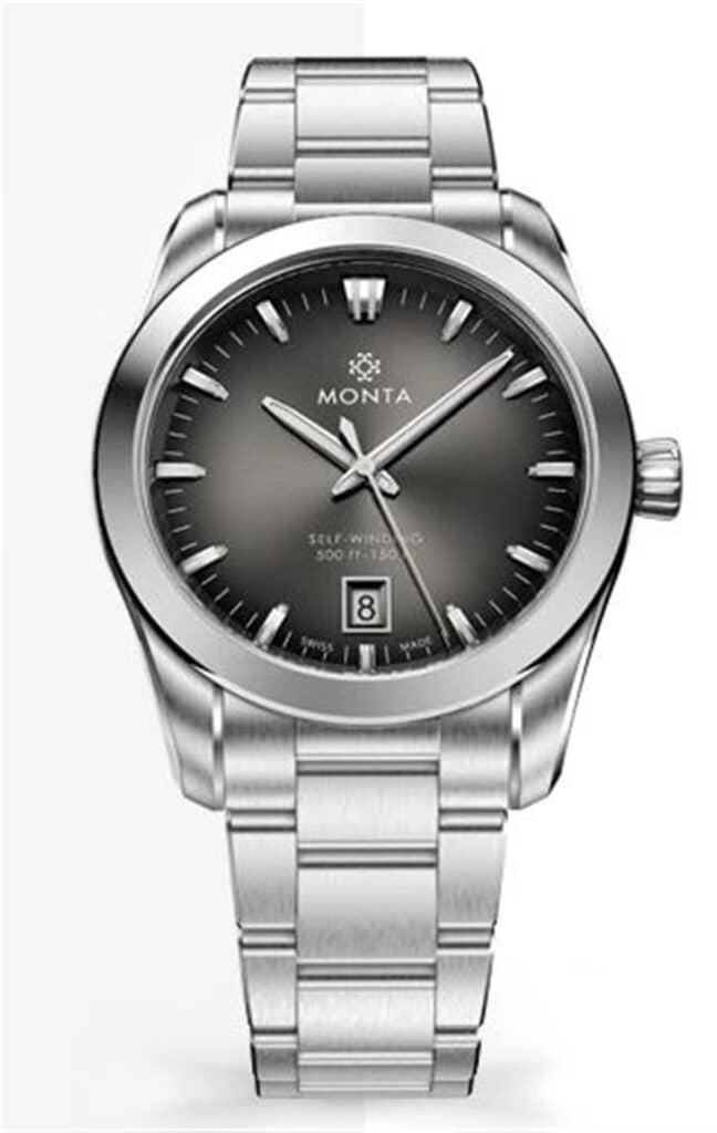 Elegant Monta stainless steel wristwatch with gray dial, luminous hands, and date function.