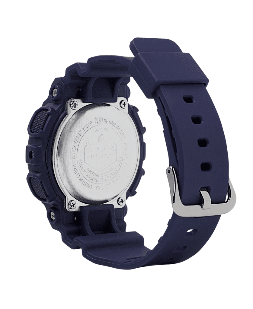 Durable navy blue G-Shock wristwatch with sturdy design, stainless steel back, and adjustable strap.