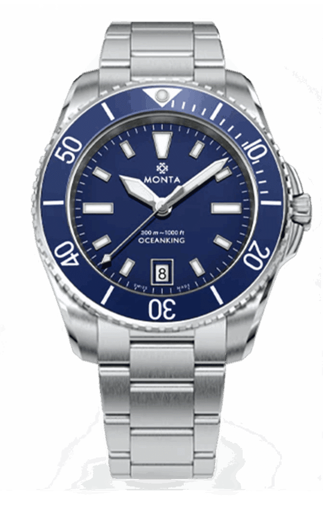 Luxurious MONTA Oceanking dive watch features a vibrant blue dial and stainless steel bracelet.