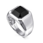 Elegant silver ring featuring a bold hexagonal black gemstone, perfect for any occasion.