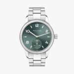 Sleek NOMOS Glashütte wristwatch with a green dial, stainless steel case, and elegant design.